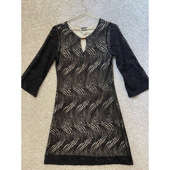 Haani Dresses Hanni Womens Black Lace Tan Slip Long Sleeve Dress